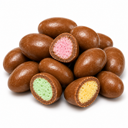 Cadbury Pascall Clinkers chocolate pieces with pink, green and yellow centres