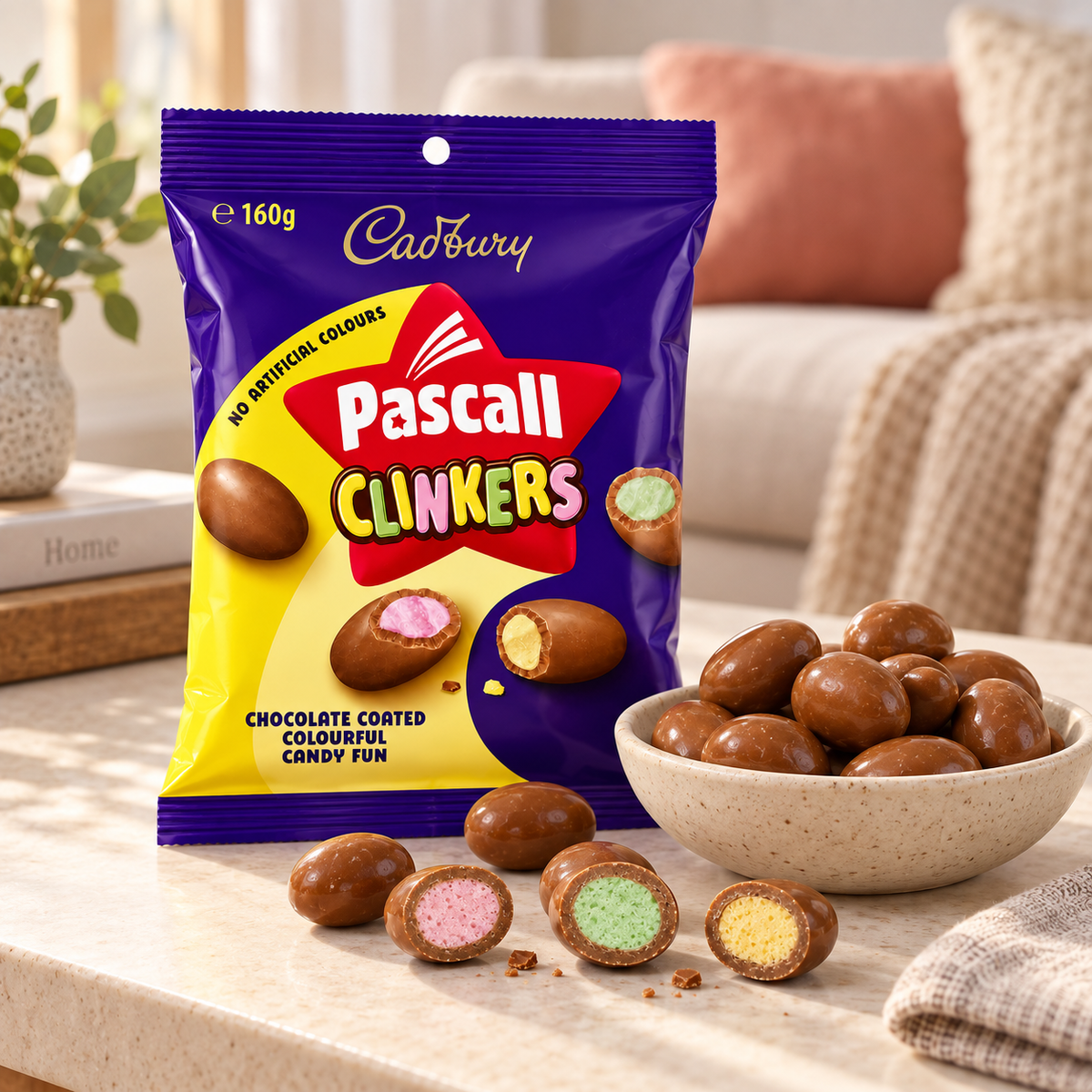 Cadbury Pascall Clinkers bag with chocolate pieces in a serving bowl