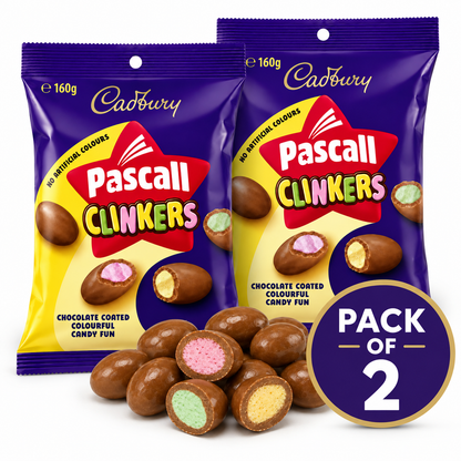 Cadbury Pascall Clinkers chocolate pieces with pink, green and yellow centres